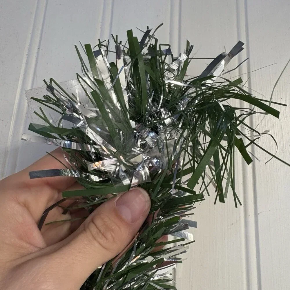 Green Silver Tinsel Foil Christmas Tree Garland Decor 152” Length